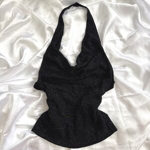 Vintage Wet Seal Black Glitter Halter Top Cowl Neck Backless Y2K Small